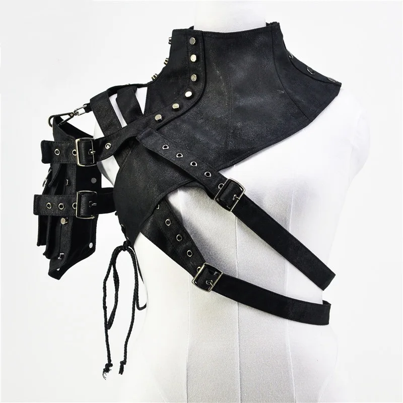 

Women's Steampunk Black Faux Leather Buckles Rivets Jacket Armlet One-shoulder Shrug Rock Punk Corset Accessories Gothic Clothes