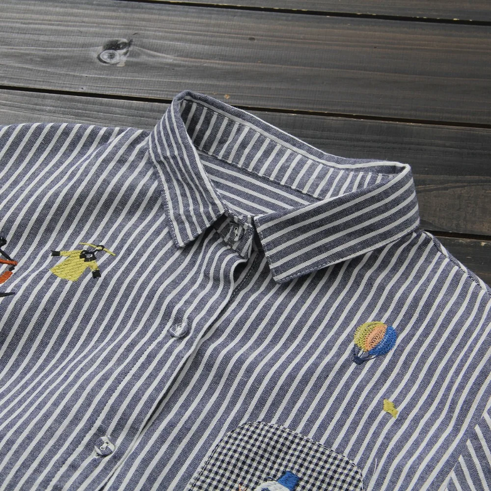 New style spring and Autumn women tops long blouse cotton linen shirt embroidered Snowman loose stripe camisa |