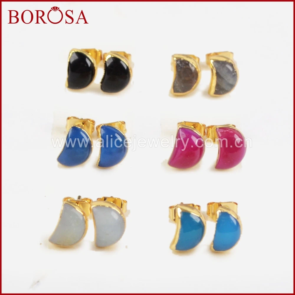BOROSA Fashion Moon Shape Multi-kind Stone Faceted Stud Earrings 1pair Gold Color Crescent Druzy for Women G1297 | Украшения и