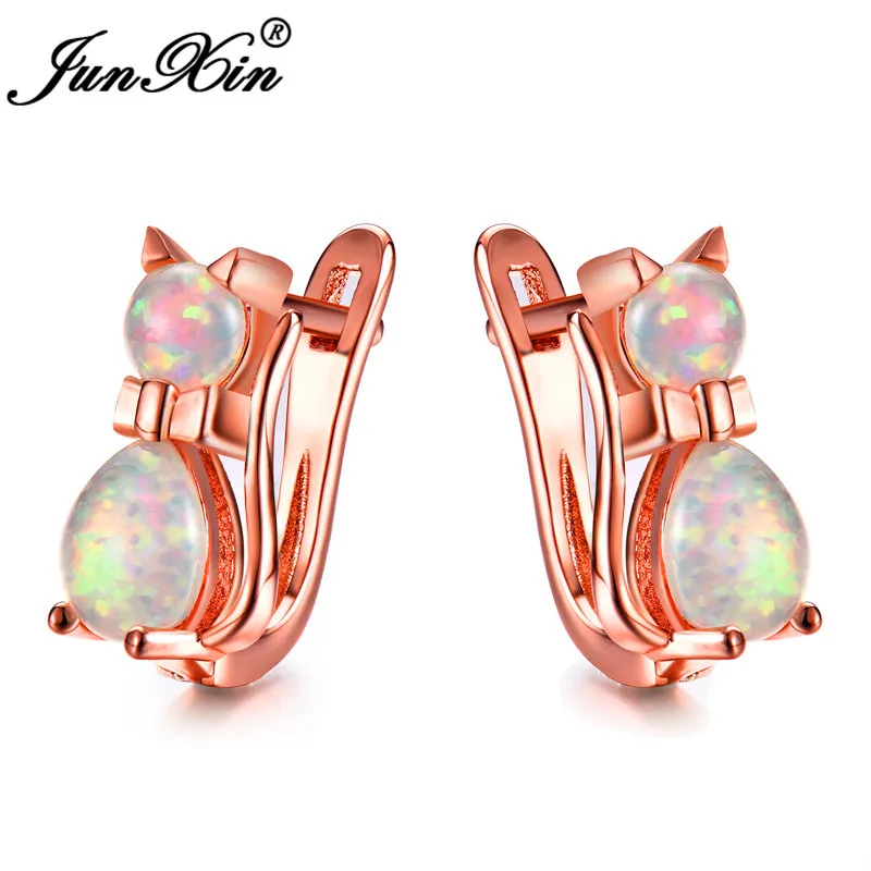 Rose White Opal Милые женские маленькие серьги-кольца с котом, синие, фиолетовые, розовые, белые серьги с огненным опалом для женщин, 925 пробы, серебряные, розовые, золотые серьги - Окраска металла: Rose White Opal