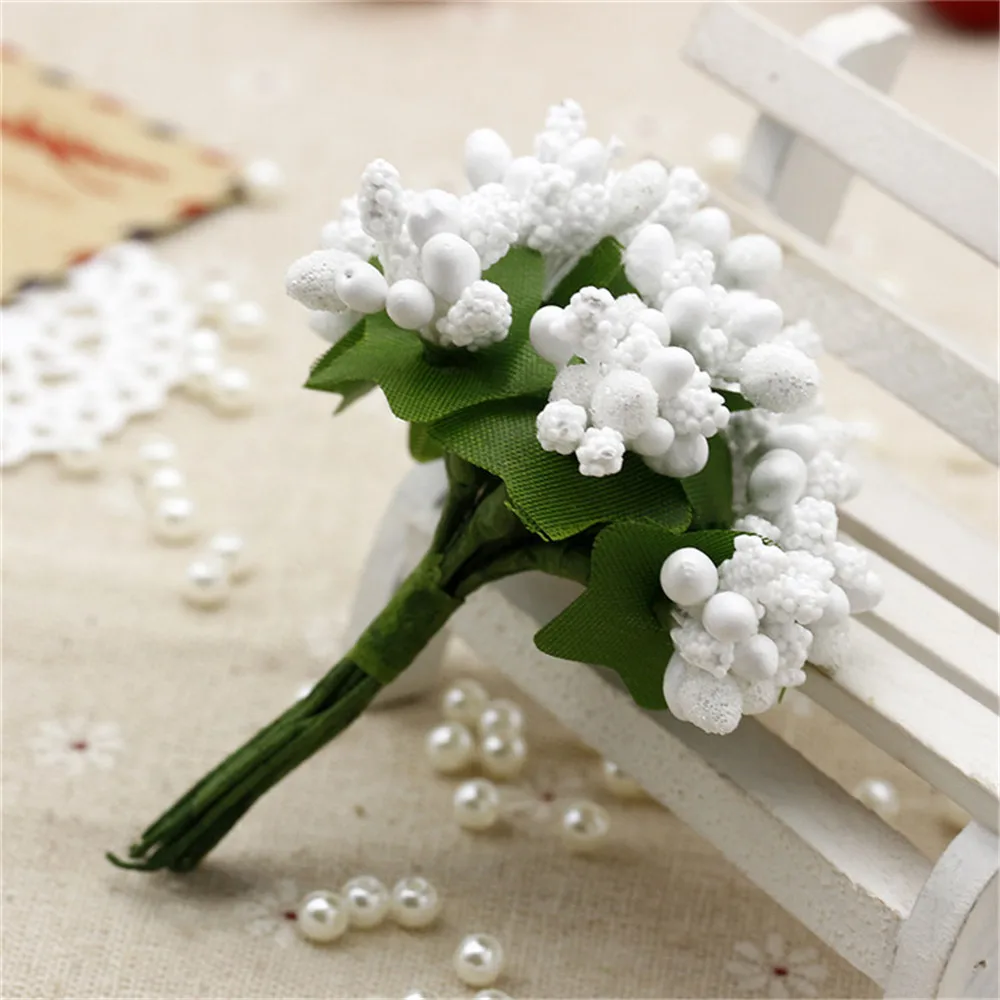 white 12 шт./лот, искусственные цветы, тычинки и листья, венок, Свадебная коробка, украшение - Цвет: white
