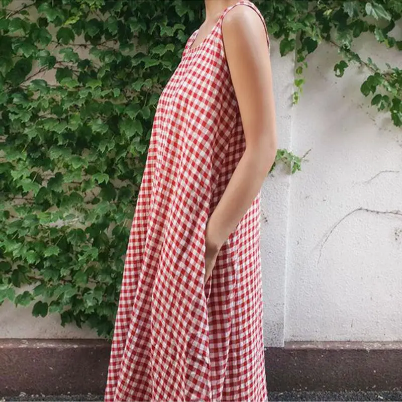 Женское летнее классическое клетчатое платье без рукавов большие
