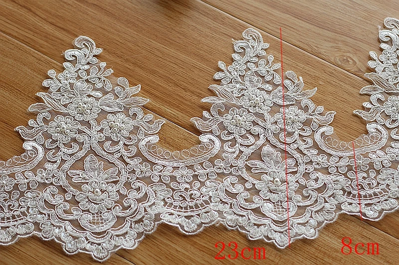 

Ivory Alencon Lace Trim High Quality Hand Made Beaded Sequined Wedding Lace Trim Embroidered Retro Lace Bridal 9.06''Wide 1yard