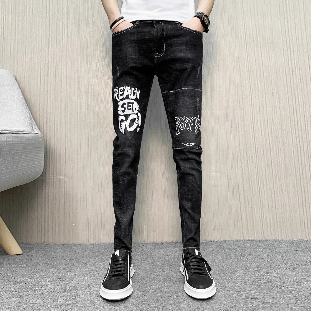 Брендовые Новые мужские джинсы весенние универсальные черные облегающие