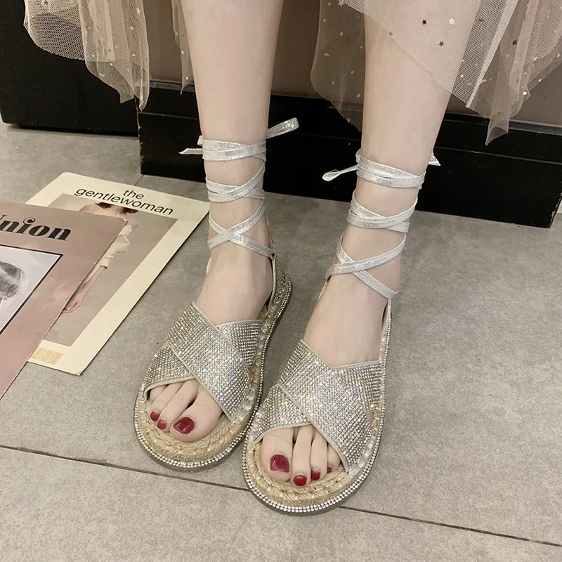 Women's 2019 new water drill cross straw linen transparent bottom ring with Roman sandals | Обувь