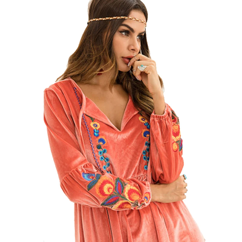 Женское бархатное платье с вышивкой AECU Мини Сарафан V-образным вырезом туника