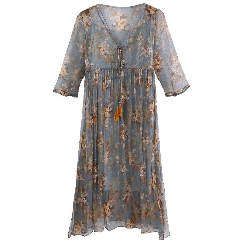 Tcyeek Summer Dress Women Silk Print Floral Long Dress Vintage Dresses Maxi Beach Party Dresses Vestidos Verano LWL1518