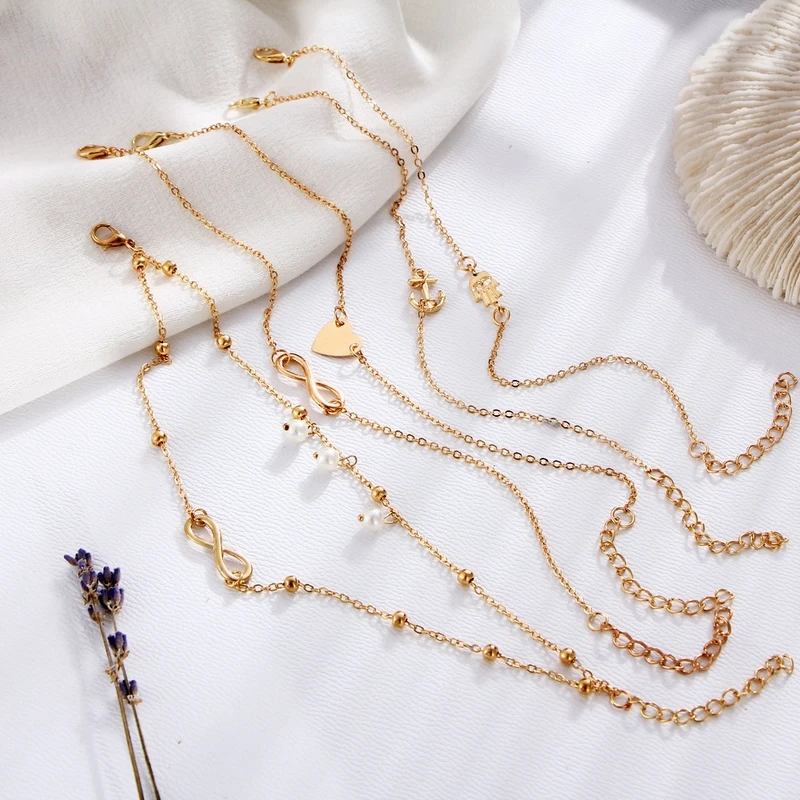 Мода 5 шт./компл. жемчуг Якорь Бесконечность Хамса сердце ножной браслет для Для