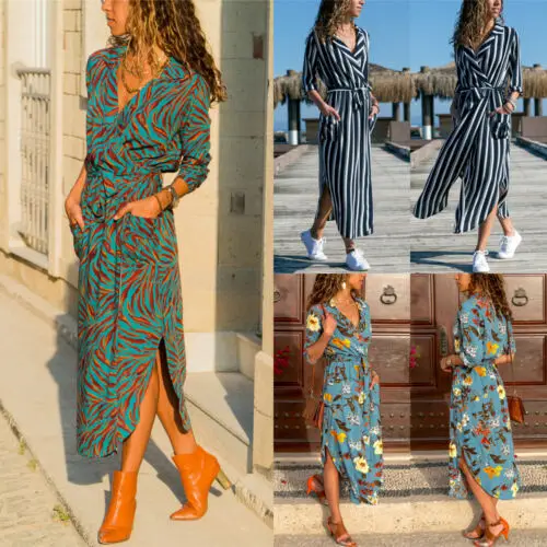 Женское платье рубашка с длинным рукавом и V образным вырезом|Женские платья| |