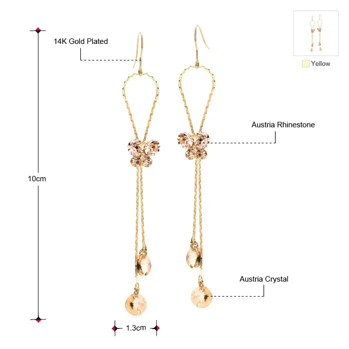 Neoglory Кристалл Стразы светильник желтое золото цвет тессель Висячие серьги для