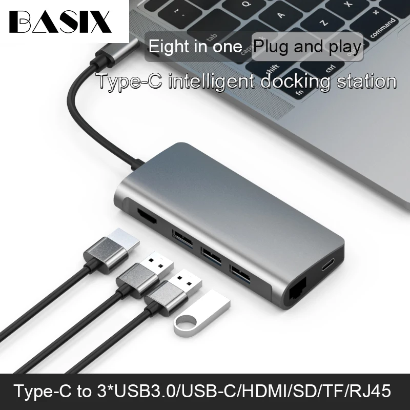 USB концентратор Basix с разъемами 3 1 типа C и HDMI/USB 0/RJ45/SD/TF/PD|USB-хабы| |