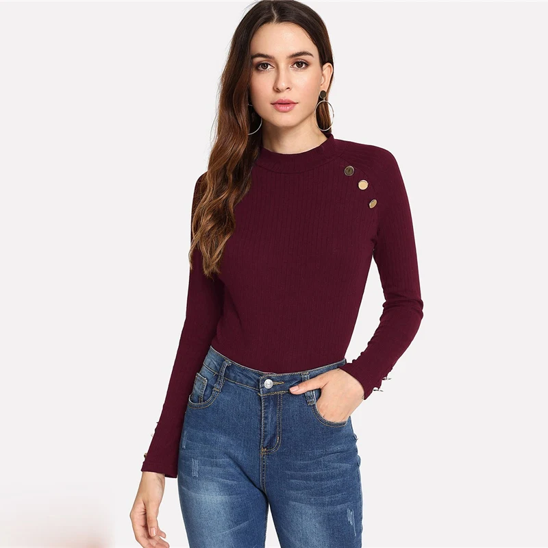 Dotfashion ребристая трикотажная футболка с пуговицами и имитацией шеи, осень, женская футболка с длинным рукавом, топы, повседневная одежда, облегающая простая футболка