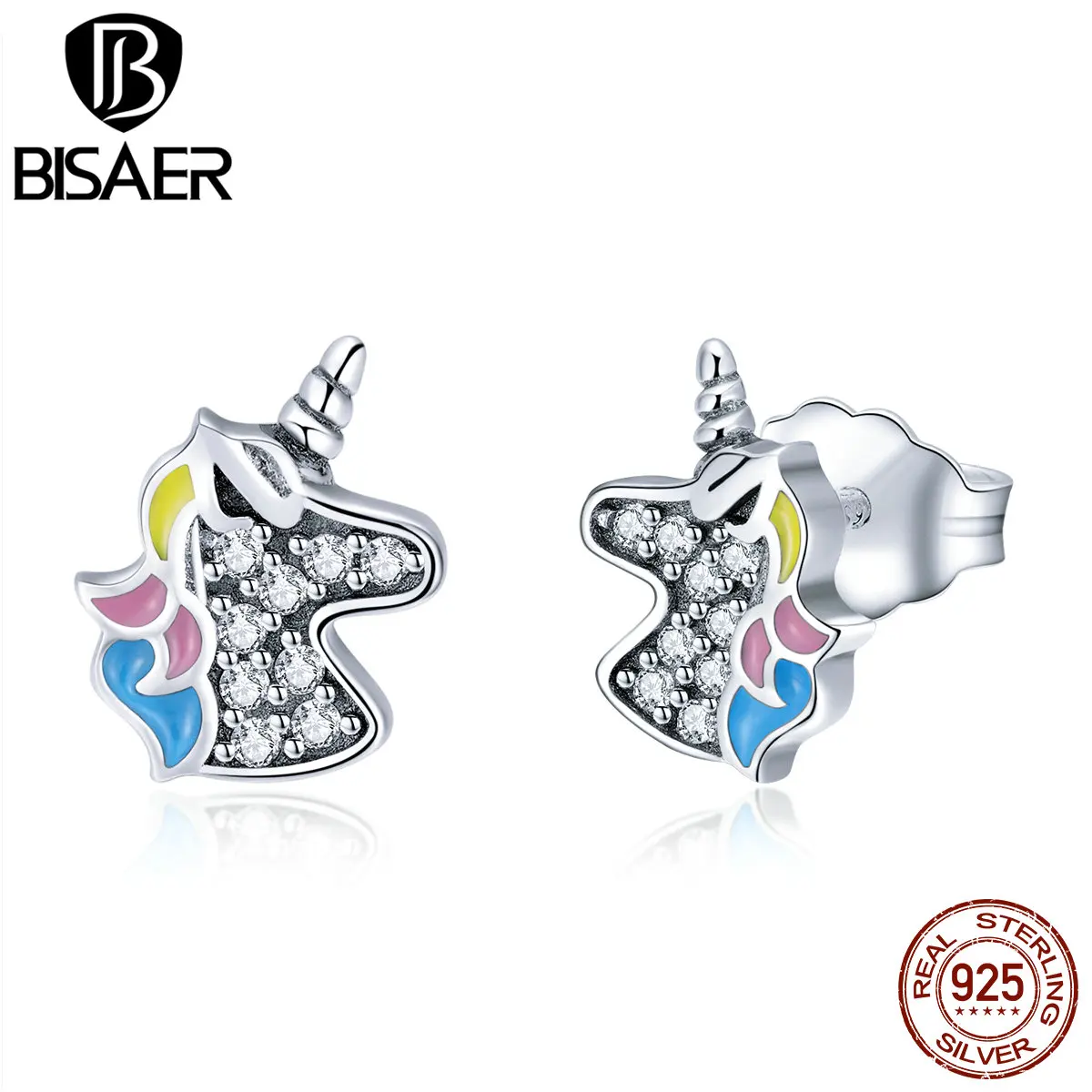BISAER, 925 пробы, серебряные, единорог, эмаль, кристалл, серьги-гвоздики для женщин, животные, модные серьги, ювелирные изделия, Brincos ECE426