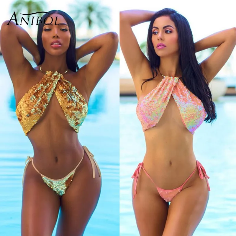 Anibol 2017 новейший розовый бикини с блестками сексуальный купальник открытой