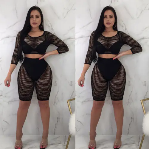  New Womens Ladies Long Sleeve See Through Gauze 2Pcs Crop Top Shorts Set | Тематическая одежда и униформа
