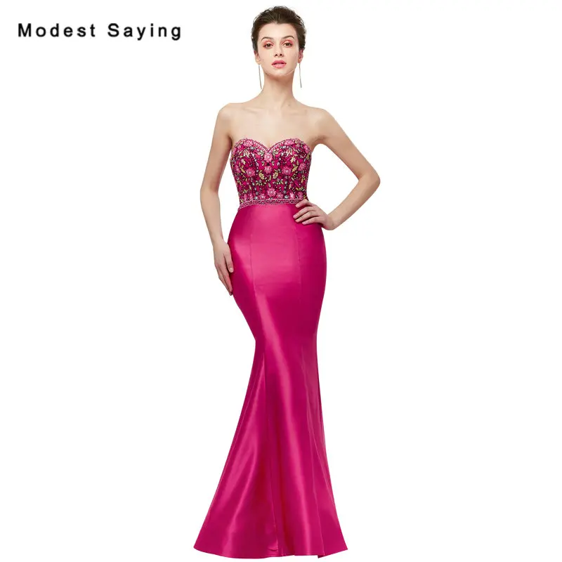 

Romantic Fuchsia Mermaid Beaded Embroidery Evening Dresses 2018 Sexy Sweetheart Formal Women Lace Party Prom Gowns robe longue