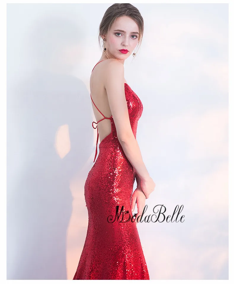 modabelle Simple Long Mermaid Red Prom Dress Backless Sexy Criss Cross Straps Glitter Sequin Evening Formal 2018 | Свадьбы и