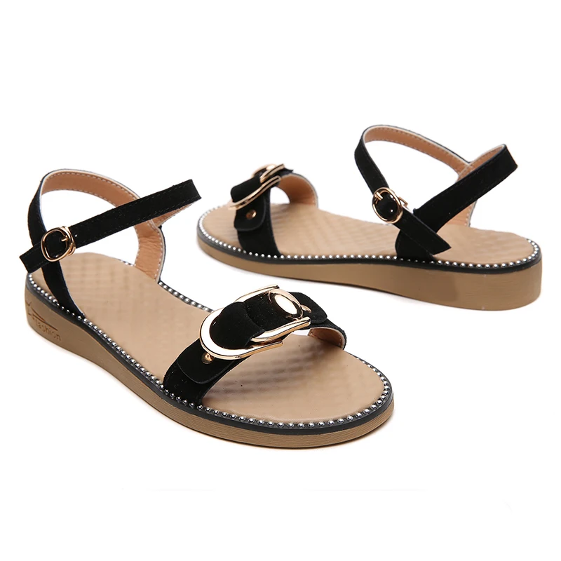 STQ/2019 летние женские босоножки Цвет черный золотой сандалии на плоской подошве