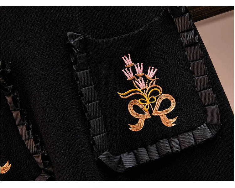 Trytree Autumn Winter Women Dress Casual Peter pan Collar Bow Embroidery Pocket Shirt Dresses Knitting Black Straight Mini Dress