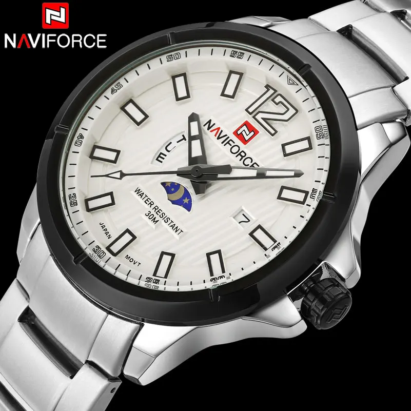 Мужские спортивные часы NAVIFORCE кварцевые со стальным ремешком брендовые наручные