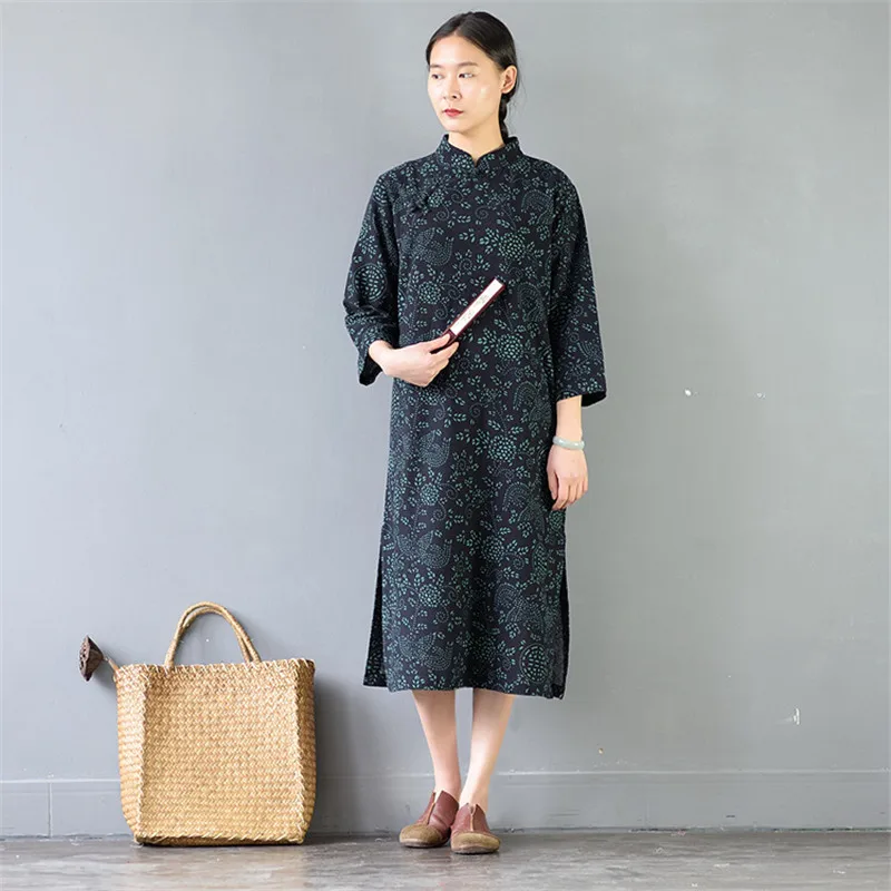SCUWLINEN Vestidos, женское весеннее летнее платье, винтажное, с принтом, на кнопках, три четверти, свободное льняное платье, Повседневное платье S299