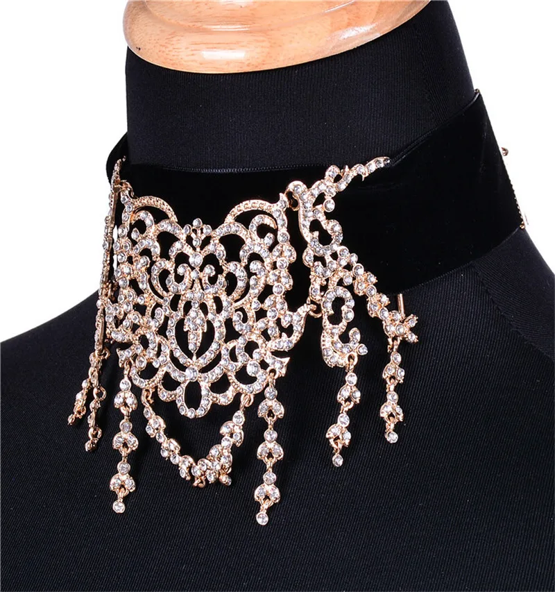 Gold Silver Rhinestone Tassels Chokers Necklace Romantic Women Maxi Statement Necklace With Velvet Fashion Jewelry Gift For Lady