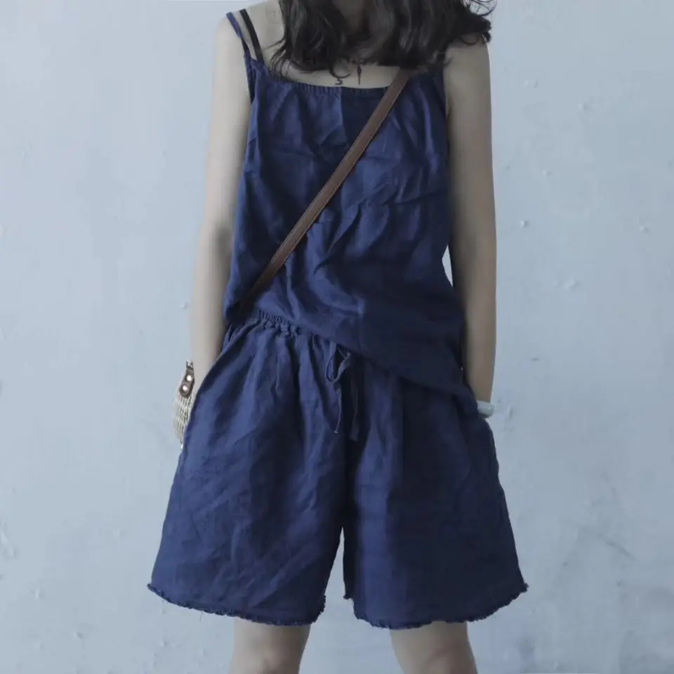 Женский винтажный льняной топ на бретельках свободный однотонный Топ в стиле