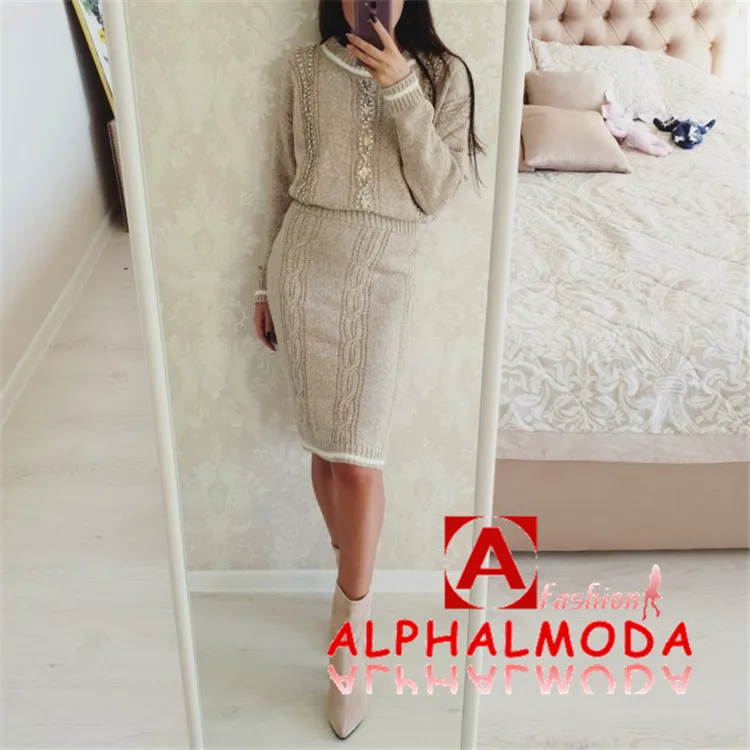 ALPHALMODA,, Conjunto Feminino, тяжелая работа, кристалл, роскошные костюмы, женский элегантный свитер, юбка, наборы,, женские костюмы