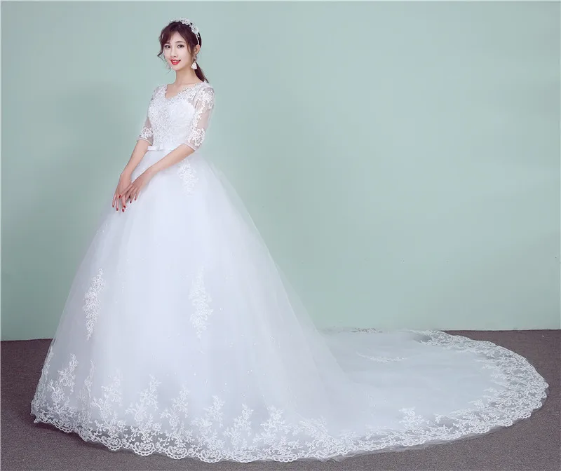 Модное свадебное платье с v-образным вырезом Vestido De Noiva, изготовленное на заказ, королевское длинное платье с аппликацией в виде поезда, кружевное с рукавами 1/2, вышивкой 72