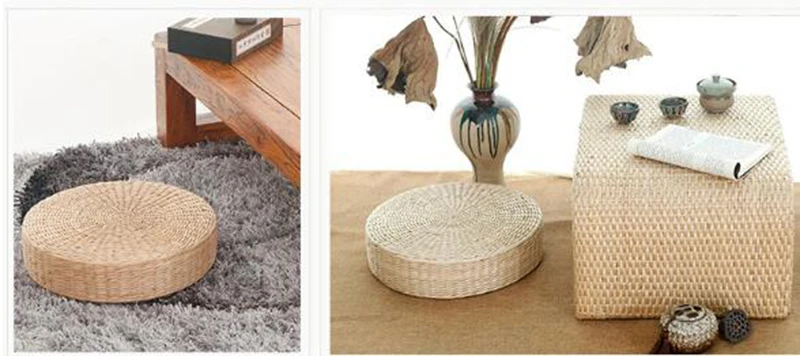 Hot 40cm*40cm Natural Straw Round Pouf Tatami Cushion Weave Handmade Pillow Floor Japanese Style Cushion with Silk Wadding