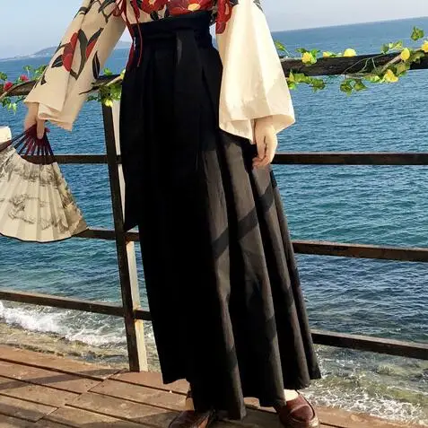 Hanfu/женская летняя юбка в китайском стиле, винтажная блузка с длинным рукавом и принтом и длинная юбка на шнуровке, комплект из двух предметов - Цвет: Long Skirt