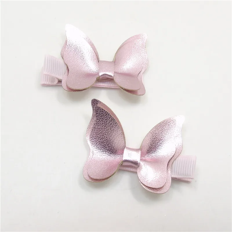 pink 15 пар/лот, заколка для волос из искусственной кожи с бабочкой, Классическая заколка для волос из искусственной кожи золотого, розового и серебряного цветов - Цвет: pink