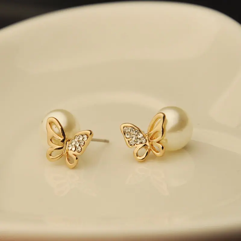 Мода дамы золотой бабочка пирсинг горный хрусталь серьги для девушки женщин