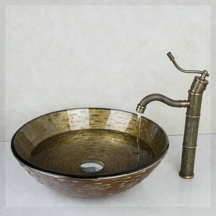 2014 Hand-Painted Waterfall Brand Washbasin Lavatory Tempered Glass Sink Bath HS639196006 Combine Brass Faucets Mixers &amp Taps to |
