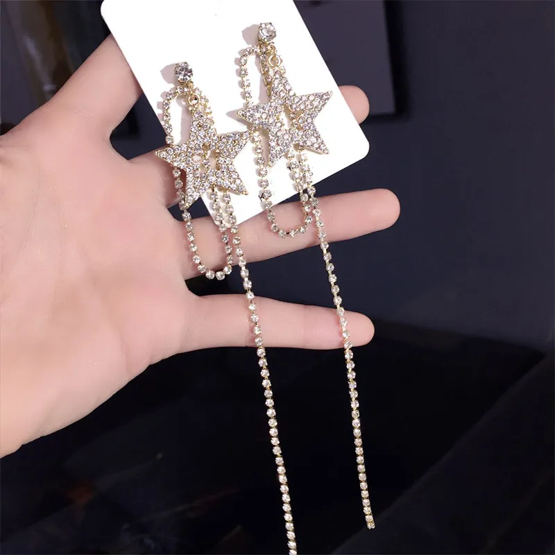 Dominated personality exaggerated crystal Star fashion Women temperament long metal tassel Drop earrings