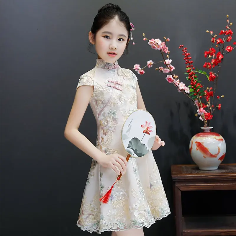 Oriental girls costumes for children party dress kids chinese qipao lace flower a-line Mandarin collar stage clothes | Детская одежда и