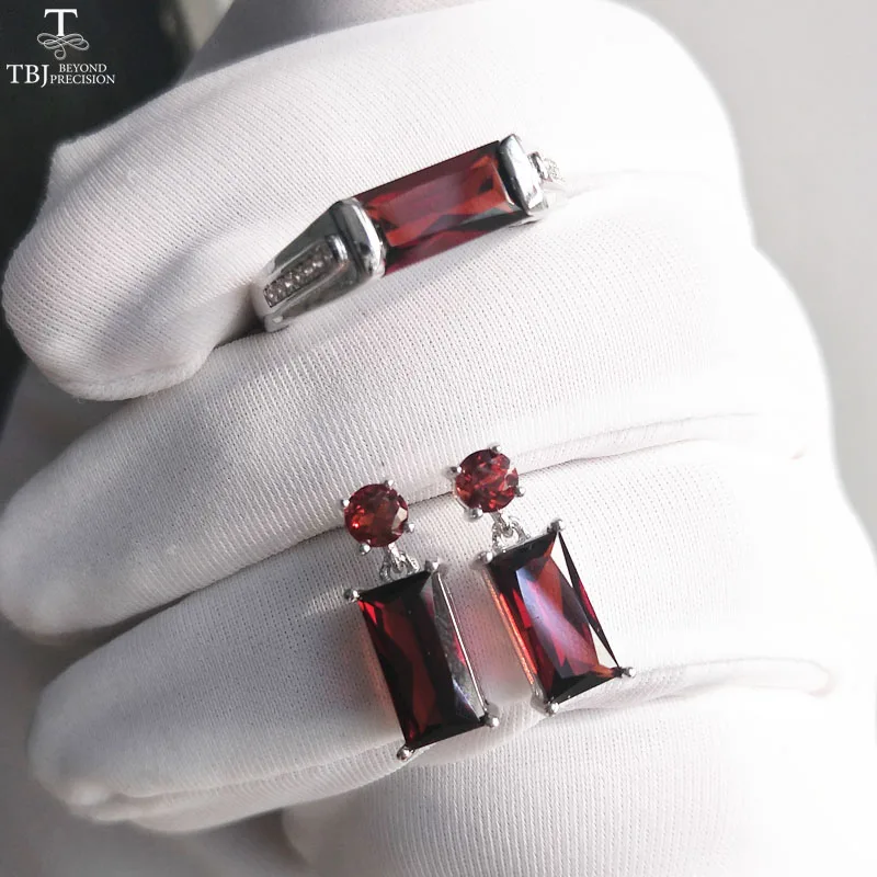 

TBJ, 100% Natural Mozambique Red Garnet gemstone Jewelry set Ring and earring in 925 sterling silver for women with gift box
