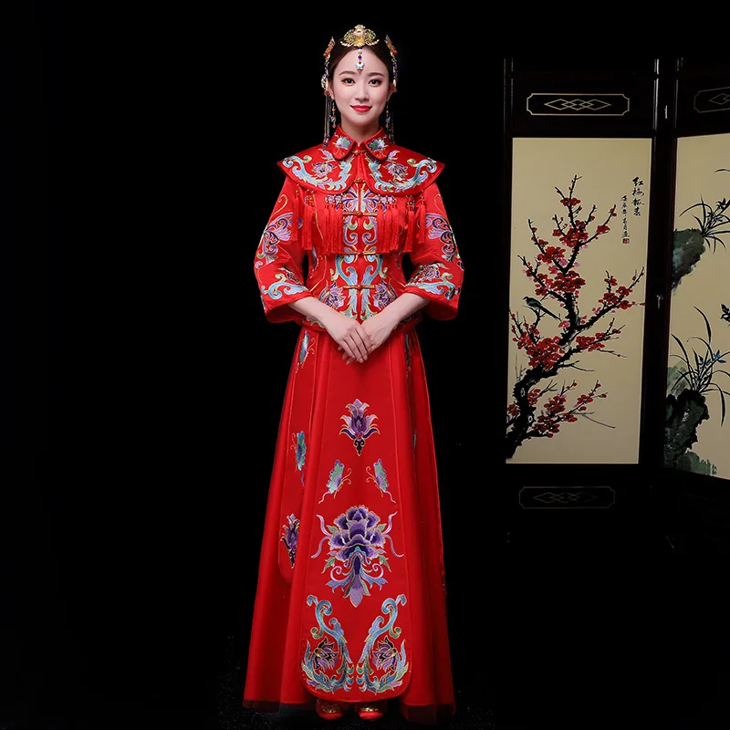 Oriental Bride Red Chinese traditional Wedding Gown Dress Women's Embroider Element Long Cheongsam | Тематическая одежда и