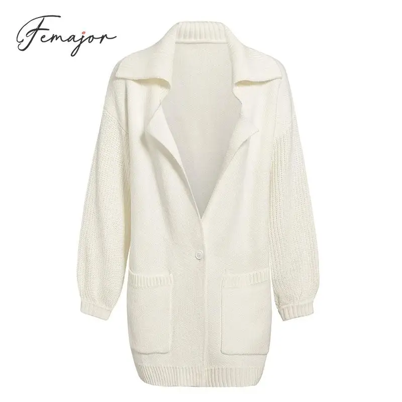 Femajor Women White Cardigans 2019 Autumn Winter Turn Down Collar Pockets Knitwear Fashion Lantern Sleeve Knitted Jacket |