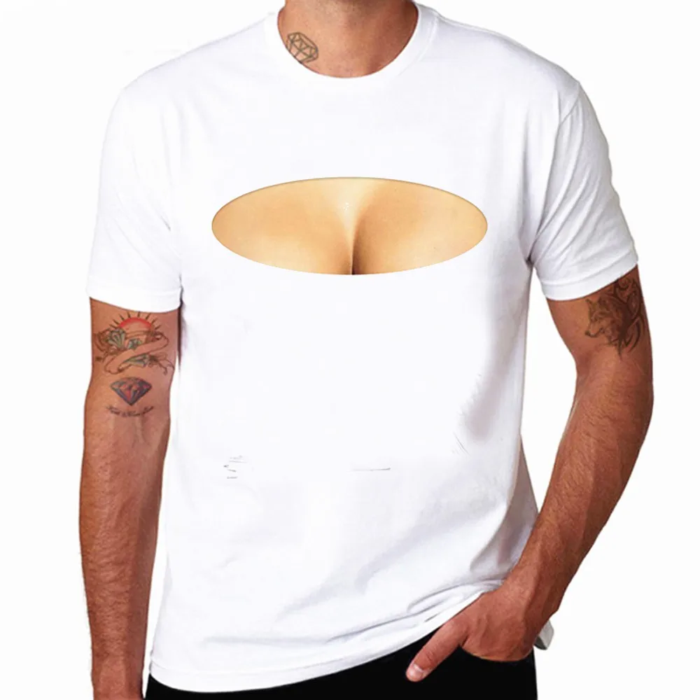 Поддельные сиськи декольте Однотонная рубашка Новый Топ Забавный Street Wear для