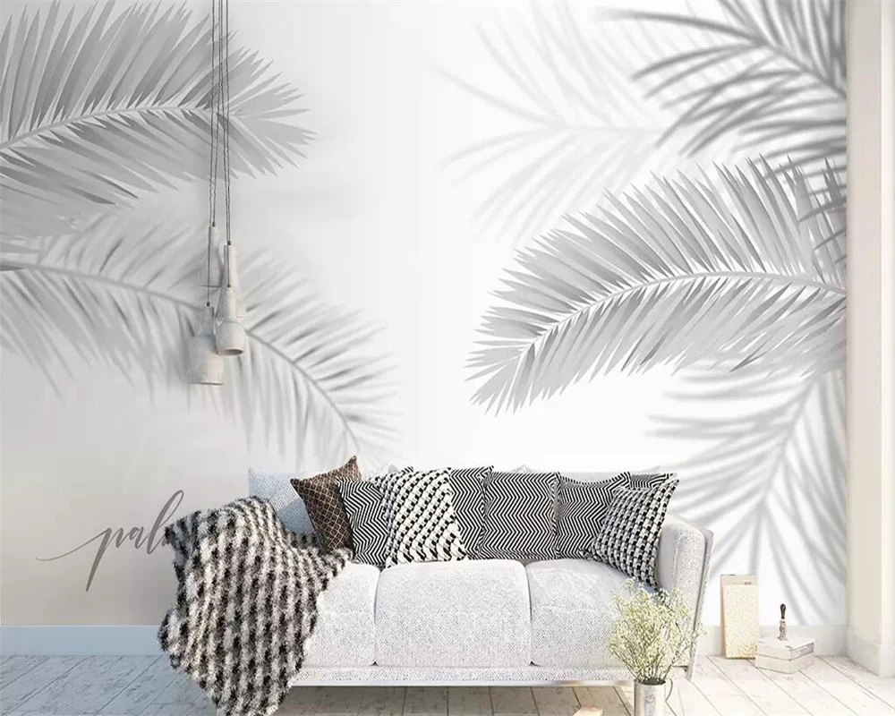 

beibehang Grey mural wallpaper Nordic minimalist plant coconut leaf palm tree living room bedroom TV background 3d wallpaper