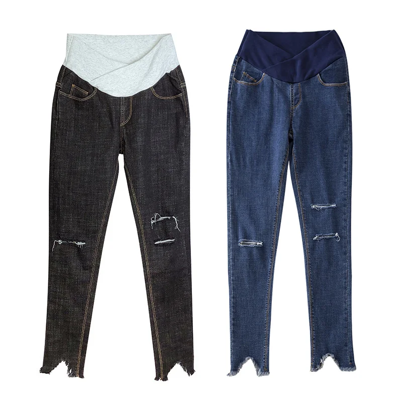 Джинсы для беременных с заниженной талией и Y-образными штанинами длина 9/10 рваные