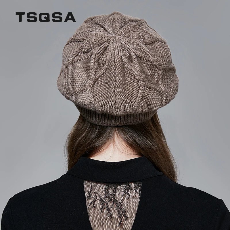 TSQSA Зимняя Теплая Шапка Для Женщин Шерстяная Вязаная Мода Твердые Шапочки