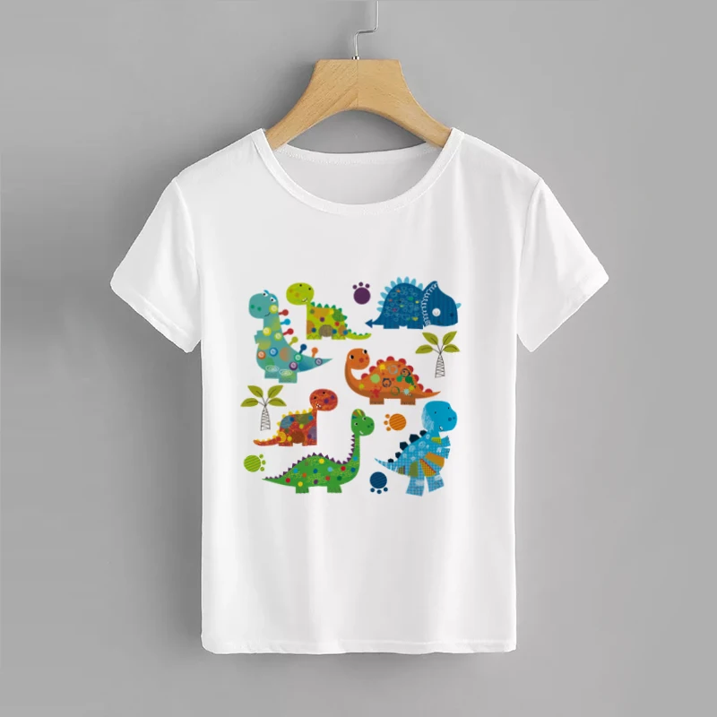 Dinosaur Print Children T-shirts Funny Boys Girls Summer Tops White Short Sleeve T Shirts Cartoon | Детская одежда и обувь