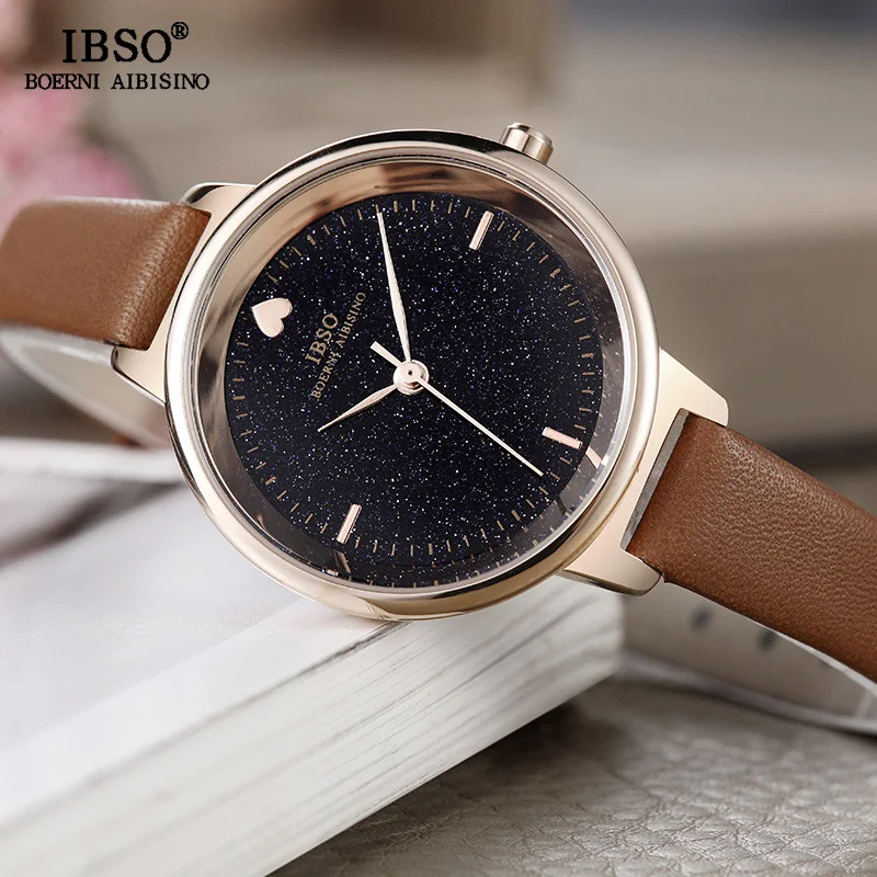 Модные часы IBSO с блестящим циферблатом женские кожаным ремешком кварцевые