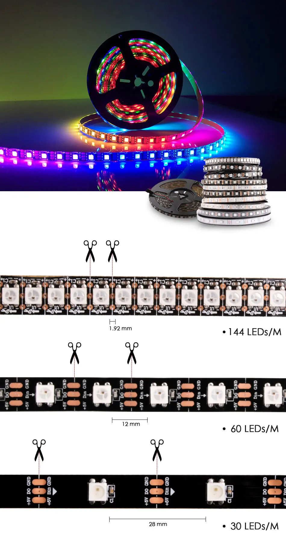 WS2812B Светодиодные ленты DC 5V 30/60/144 светодиодный s RGB умный прибор приемно-пикселей чёрно-белые печатные платы WS2812 IC 50 см 1 м 2 м 3 м 4 м 5 м 17Key бар КТВ
