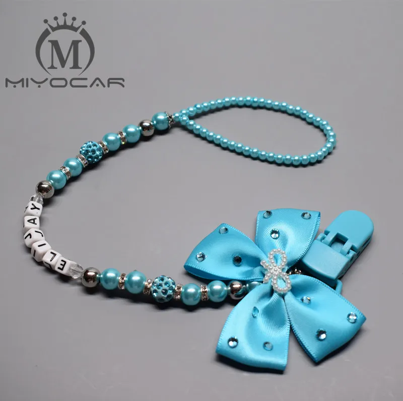 MIYOCAR любое имя Bling серебряные стразы лук розовый и Серебряный бусины держатель с зажимом для соски-пустышки соски зажимы держатель/Прорезыватели клип