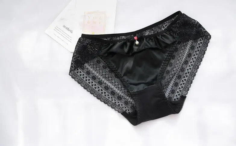 Black Реальные фотографии хорошее качество M L XL милая Лолита Kawaii принцесса Сексуальная атласная Женская пижама с кружевом трусики нижнее белье трусики WP520 - Цвет: Black