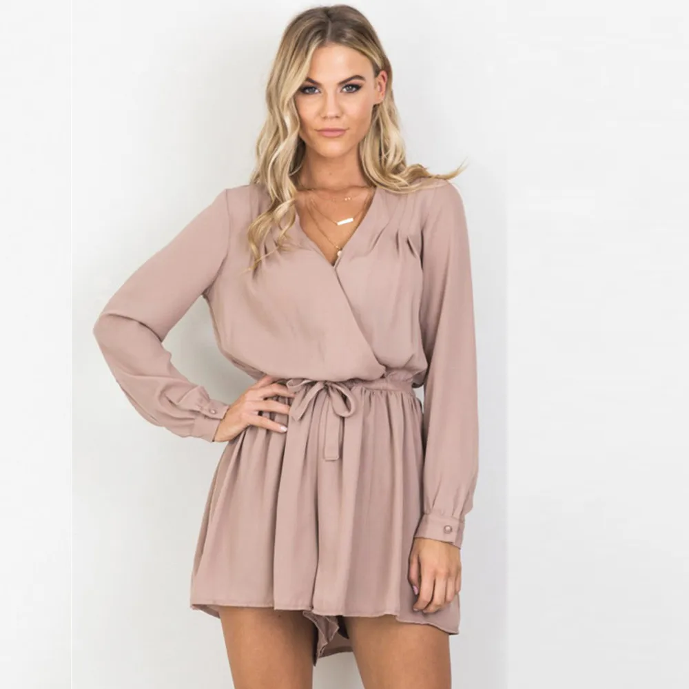 Женский шифоновый комбинезон с V образным вырезом и длинным рукавом|Комбинезоны c