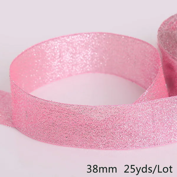 Pink 38mm 25 ярдов разноцветные 20 мм/38 мм ширина с металлическими блестками ленты из органзы для пошива швейных изделий для DIY подарки свадебные украшения - Цвет: Pink 38mm